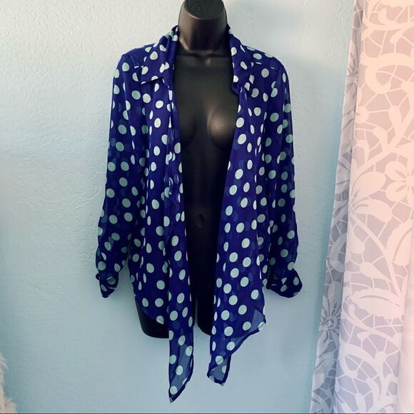 Express Semi Sheer Blue & Mint Green Polka Dot Tie Blouse Size Small/Medium - Picture 13 of 13